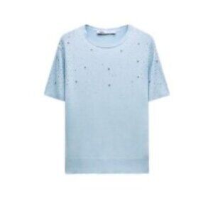Zara Sparkly Knit Top - Blue - Size M - Rhinestone/Crystal Detail